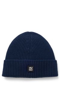 Virgin-wool beanie hat with stacked-logo badge, Dark Blue