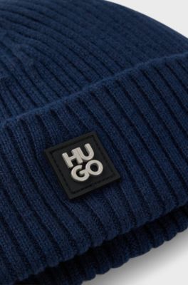 Virgin-wool beanie hat with stacked-logo badge, Dark Blue
