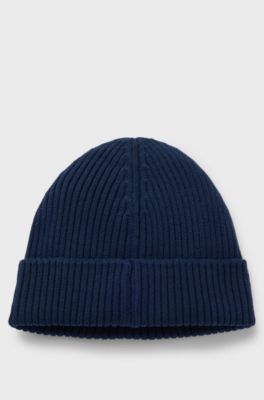 Virgin-wool beanie hat with stacked-logo badge, Dark Blue