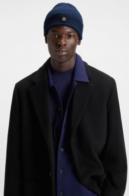 Virgin-wool beanie hat with stacked-logo badge, Dark Blue