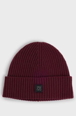 Gorro de punto de lana virgen con detalle de logo apilado, Rosa oscuro