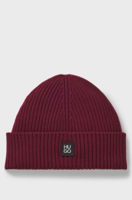 Virgin-wool beanie hat with stacked logo, Dark pink