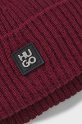 Virgin-wool beanie hat with stacked logo, Dark pink