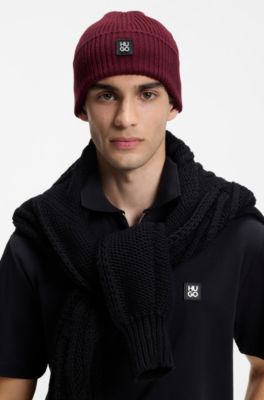 Virgin-wool beanie hat with stacked logo, Dark pink