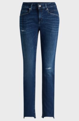Blue jeans in distressed stretch denim with frayed hems, Dark Blue
