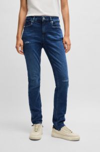 Blue jeans in distressed stretch denim with frayed hems, Dark Blue