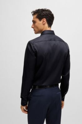 Slim-fit shirt in easy-iron cotton poplin, Dark Blue