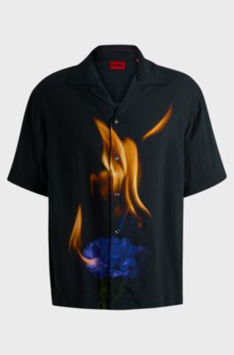 Short-sleeved poplin shirt with seasonal print, Black