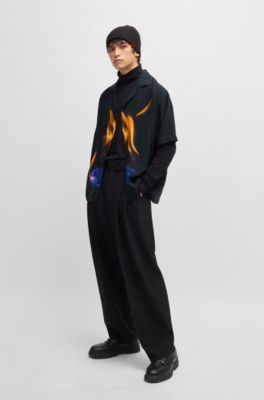 Short-sleeved poplin shirt with seasonal print, Black