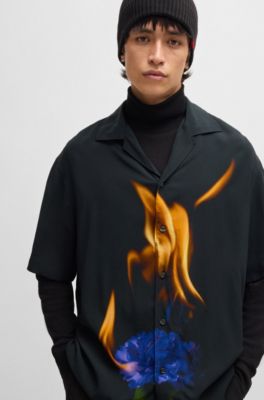 Short-sleeved poplin shirt with seasonal print, Black