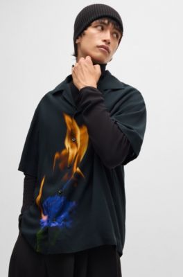 Short-sleeved poplin shirt with seasonal print, Black