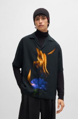 Short-sleeved poplin shirt with seasonal print, Black