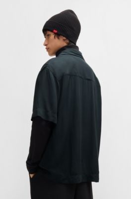 Short-sleeved poplin shirt with seasonal print, Black