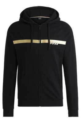 BOSS Cotton terry zip up hoodie with foil print logo Black