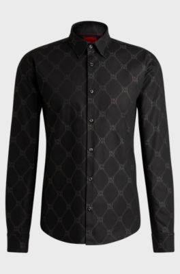Slim-fit shirt with signature jacquard chain motif, Black