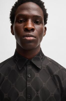 Slim-fit shirt with signature jacquard chain motif, Black