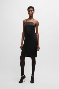 Halter-strap dress in satin with crystal trim, Black