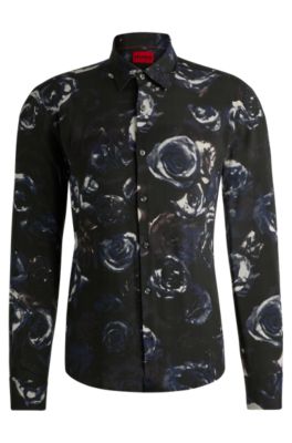 Slim-fit shirt with Kent collar in seasonal print, Patterned