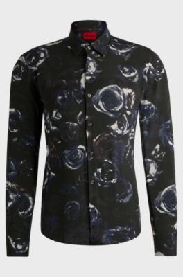 Slim-fit shirt with Kent collar in seasonal print, Patterned
