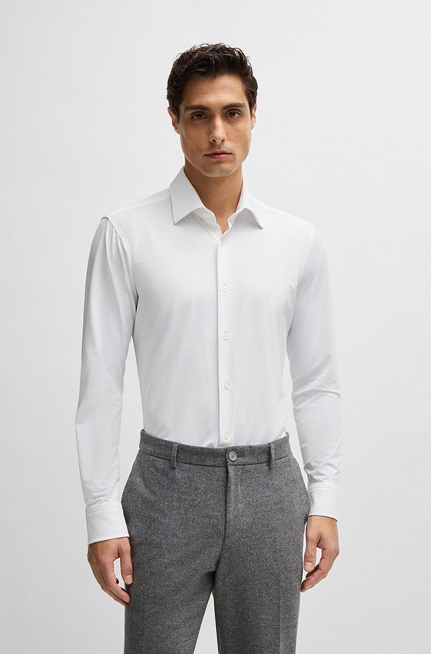 Regular-fit shirt in structured performance-stretch fabric, White