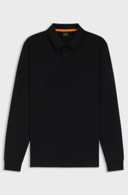 Polo a maniche lunghe in cotone con dettaglio logo, Nero
