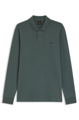 Long-sleeved polo shirt in cotton with logo detail, Dark Green