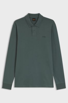 Long-sleeved polo shirt in cotton with logo detail, Dark Green