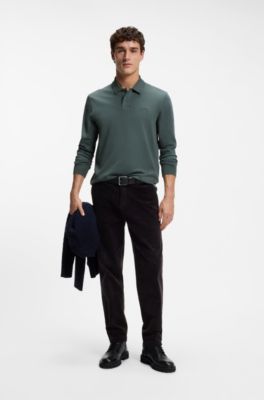 Polo a maniche lunghe in cotone con dettaglio logo, Verde scuro