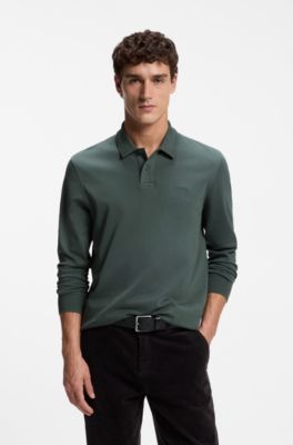 Polo a maniche lunghe in cotone con dettaglio logo, Verde scuro