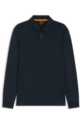 Long-sleeved polo shirt in cotton with logo detail, Dark Blue