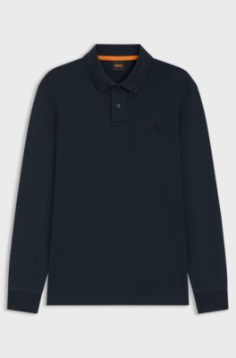 Polo a maniche lunghe in cotone con dettaglio logo, Blu scuro