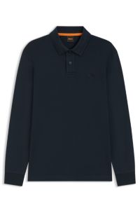 Polo &agrave; manches longues en coton avec d&eacute;tail de logo, Bleu fonc&eacute;