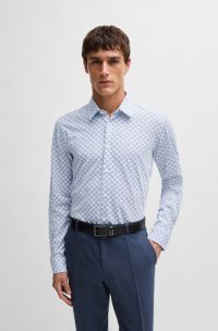 Camisa slim fit en punto de algodón estampado, Azul