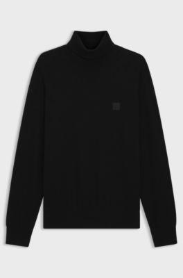 Rollneck sweater in cotton and cashmere with logo patch, Black
