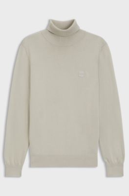 Rollneck sweater in cotton and cashmere with logo patch, Light Beige