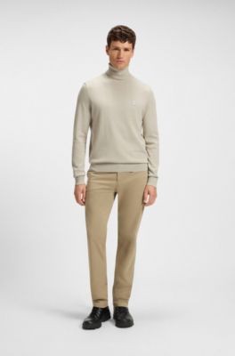 Rollneck sweater in cotton and cashmere with logo patch, Light Beige