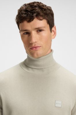 Rollneck sweater in cotton and cashmere with logo patch, Light Beige