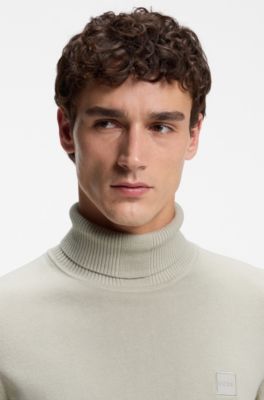 Maglione a collo alto in cotone e cashmere con toppa con logo, Beige chiaro