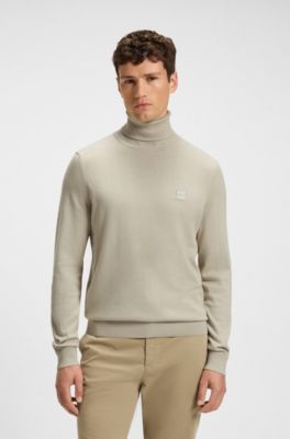 Rollneck sweater in cotton and cashmere with logo patch, Light Beige