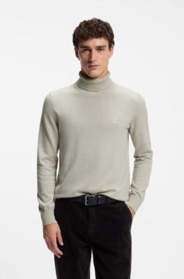 Maglione a collo alto in cotone e cashmere con toppa con logo, Beige chiaro