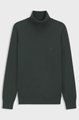 Rollneck sweater in cotton and cashmere with logo patch, Dark Green