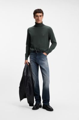 Rollneck sweater in cotton and cashmere with logo patch, Dark Green
