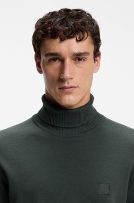 Rollneck sweater in cotton and cashmere with logo patch, Dark Green