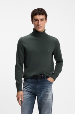 Rollneck sweater in cotton and cashmere with logo patch, Dark Green