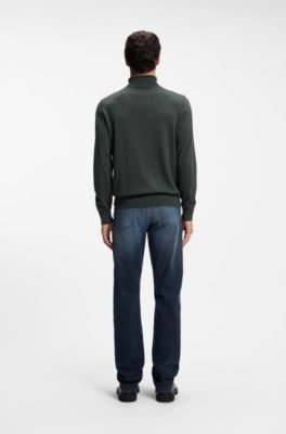 Rollneck sweater in cotton and cashmere with logo patch, Dark Green
