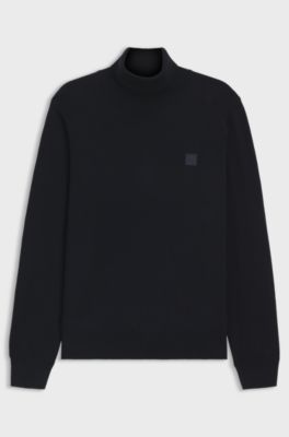 Rollneck sweater in cotton and cashmere with logo patch, Dark Blue