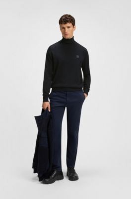 Rollkragenpullover aus Baumwoll-Mix mit Kaschmir und Logo-Aufn&auml;her, Dunkelblau