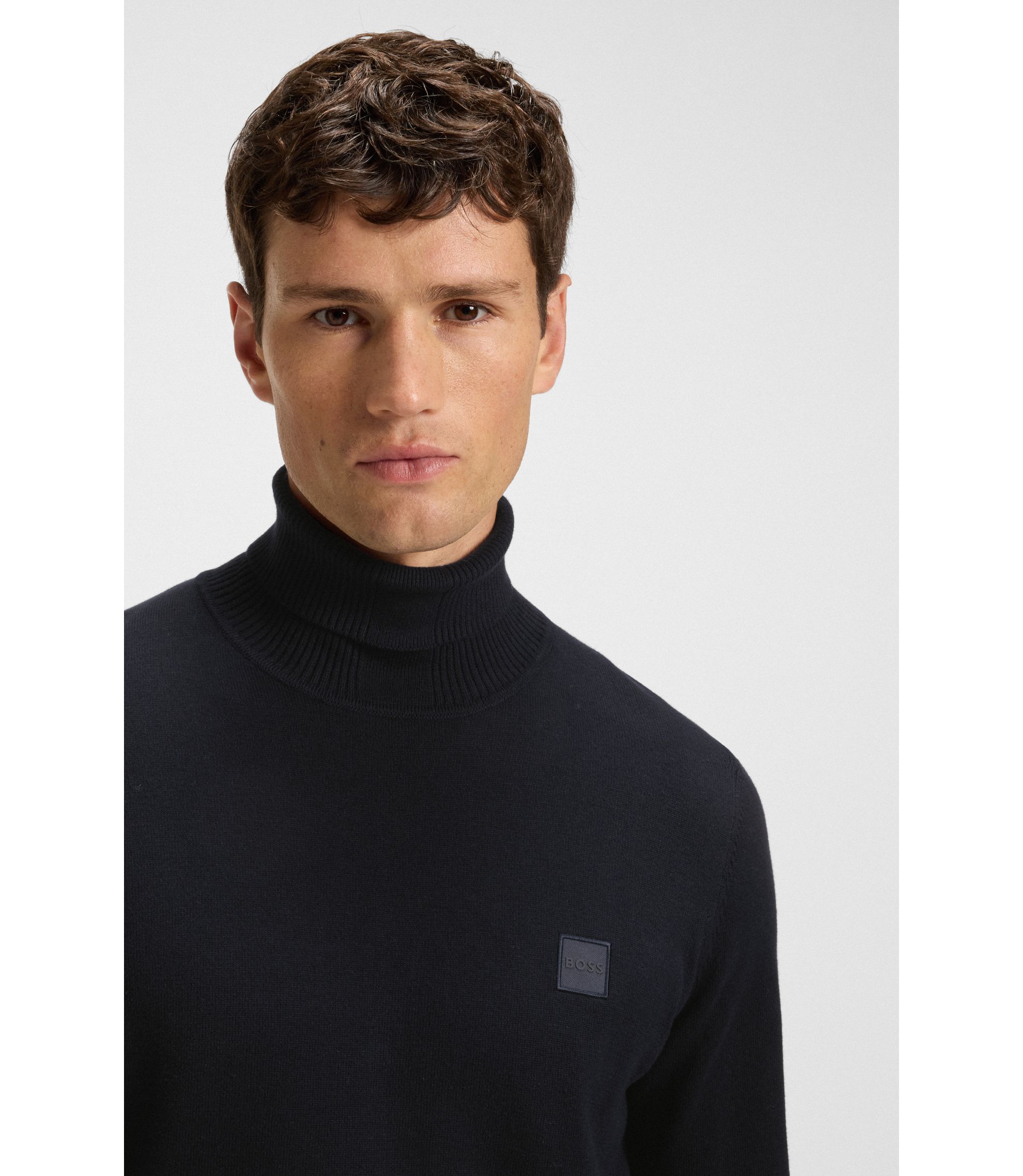 BOSS Rollneck sweater in cotton and cashmere Dark Blue