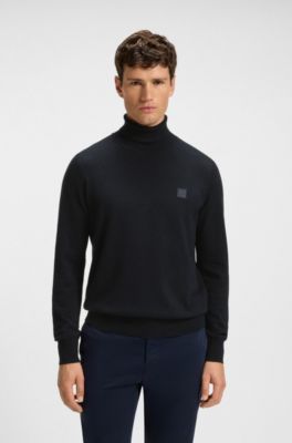 Rollneck sweater in cotton and cashmere with logo patch, Dark Blue