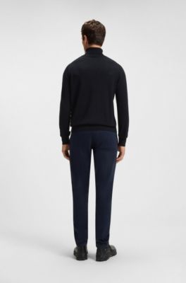 Rollneck sweater in cotton and cashmere with logo patch, Dark Blue